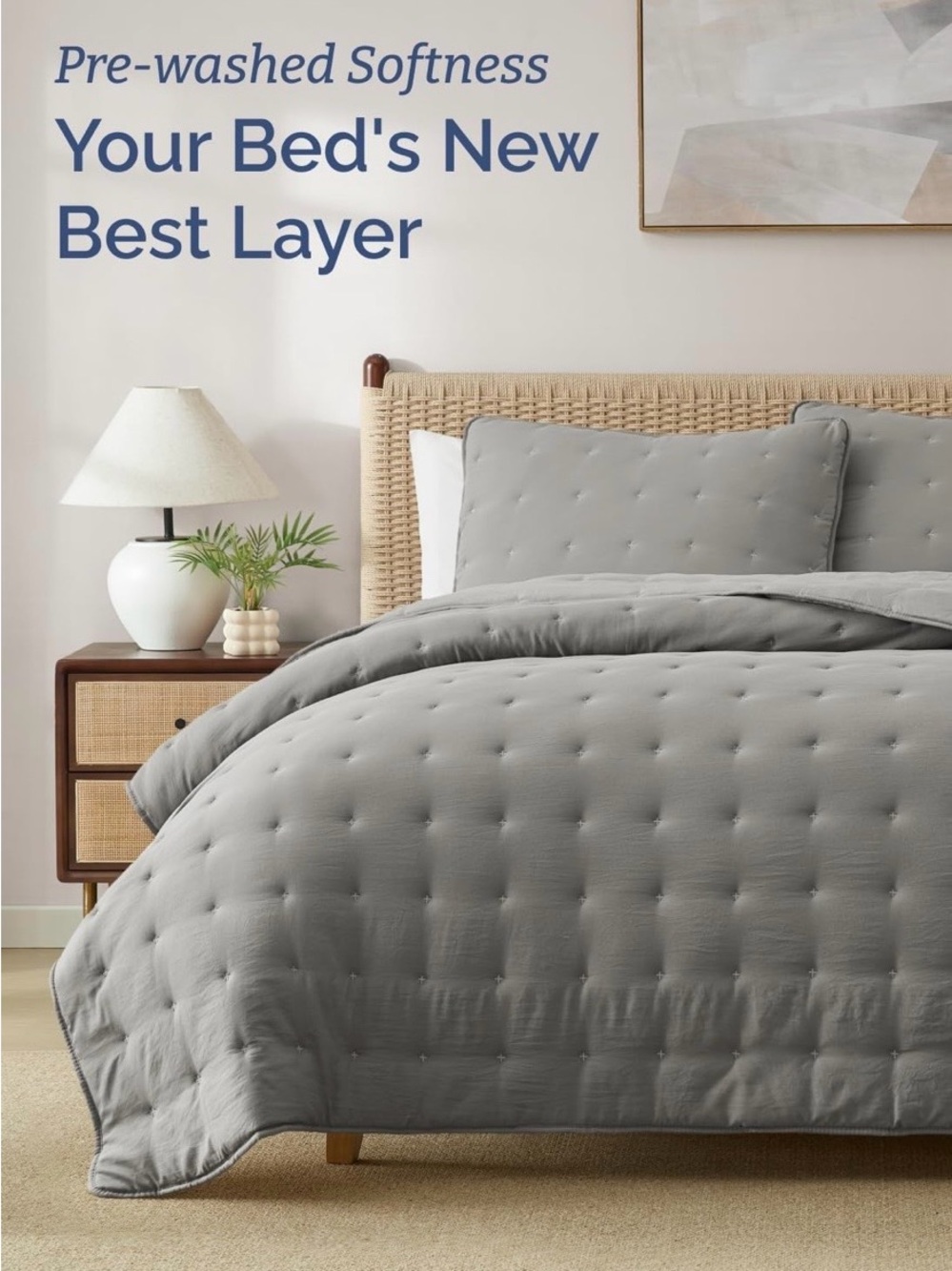 Tufted Quilted Comforter Set in Light Gray